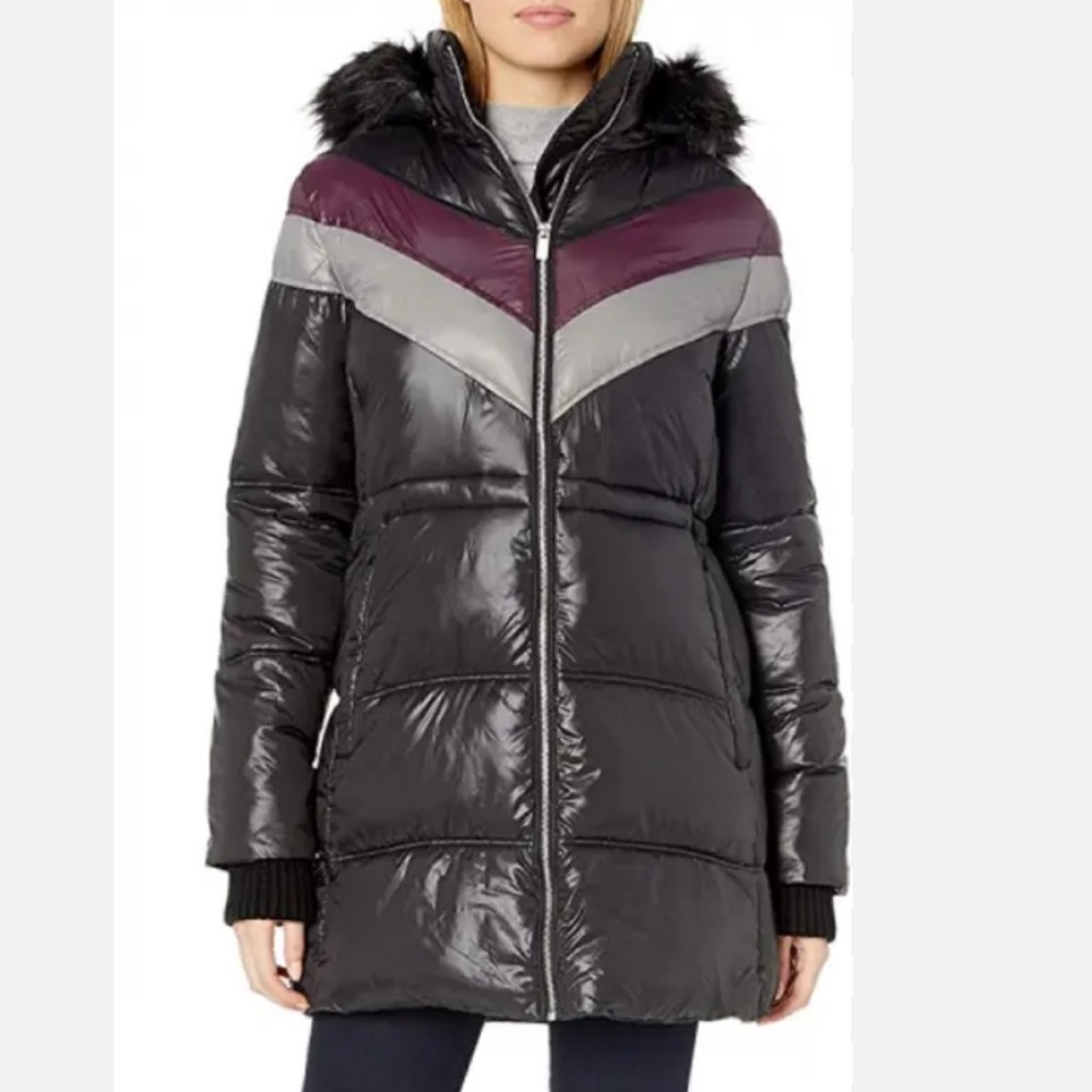 Rachel Roy NWT color block black puffer jacket with faux fur detachable hood